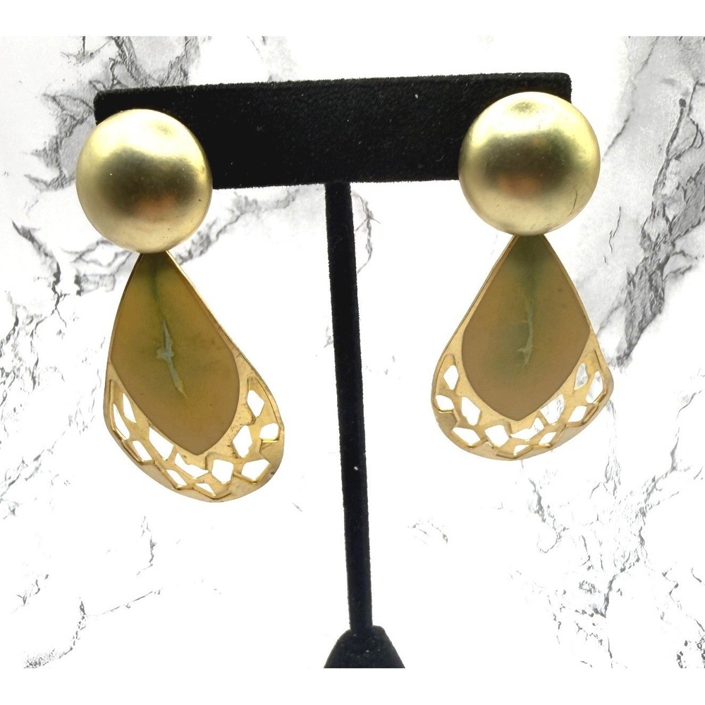 Geometric Earrings‎ Vintage Modernist Brass Teardrop Statement 2.75"